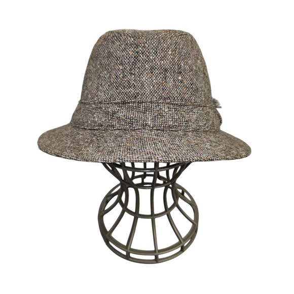 VTG Hanna Hats Hat‎ Cloche Fitted Unisex SZ S Brown Wool Tweed Donegal Ireland